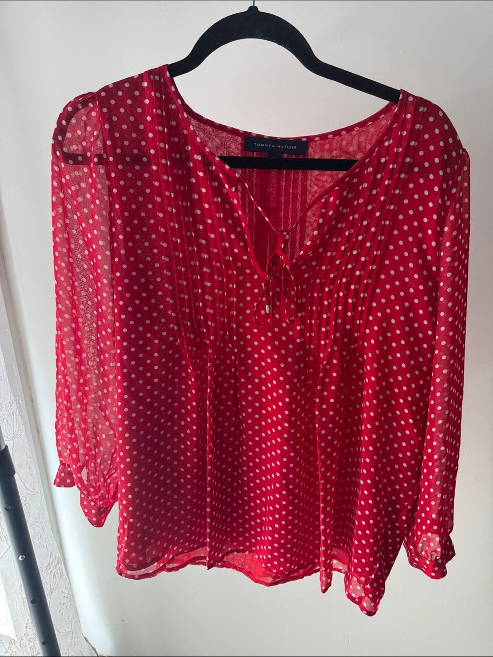Tommy Hilfiger Red Polka Dot Tie-Neck Blouse